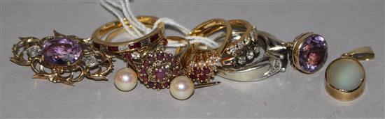 Seven assorted 18ct or 9ct gold and gem set rings and five other items.